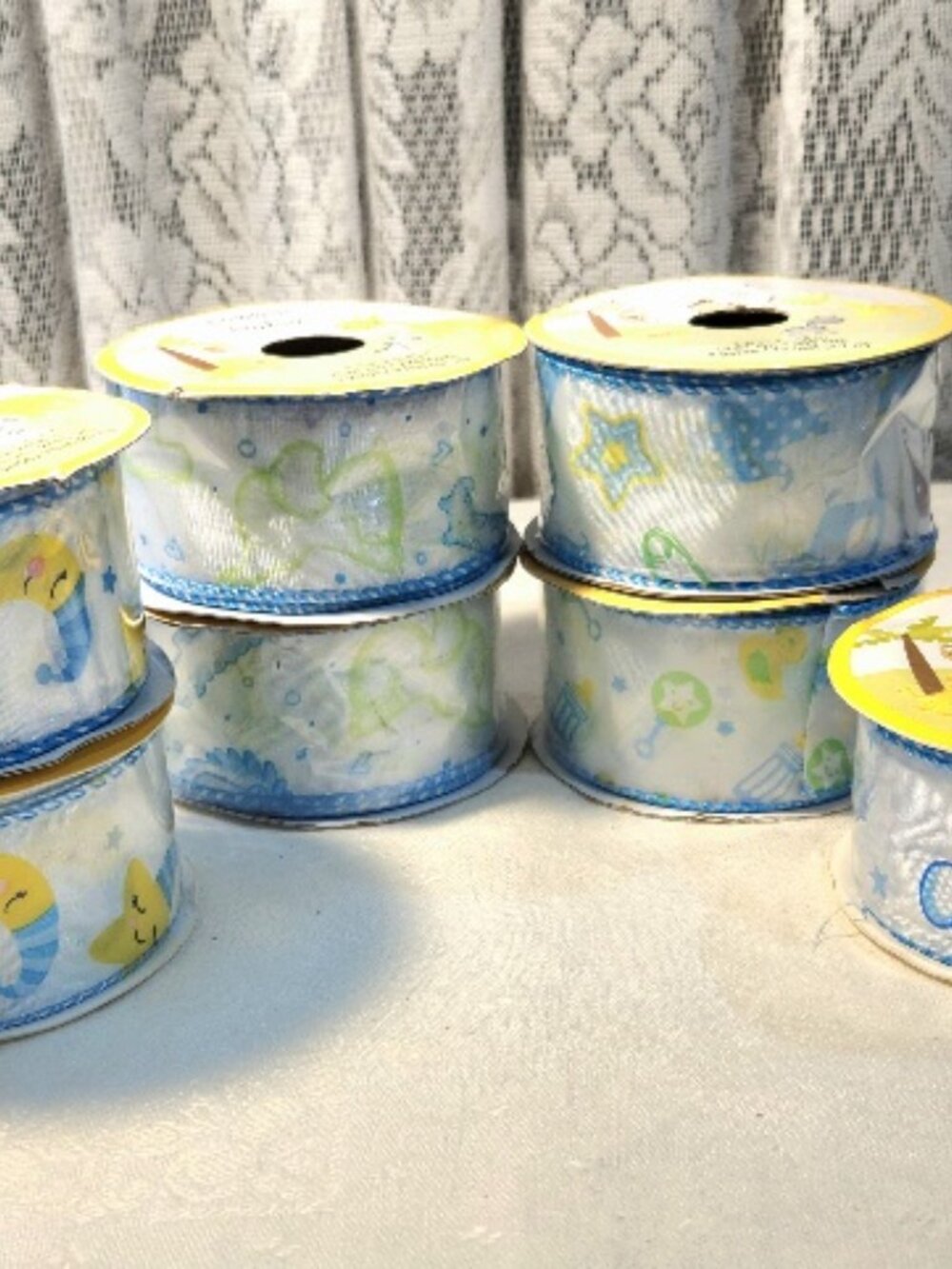 New 7 rolls 1.5" x 108" Ribbon Ruban Blue Baby Themed Wired Edge Ribbon